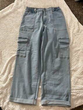 Women’s Light Blue Cargo Pants with Elastic Waist